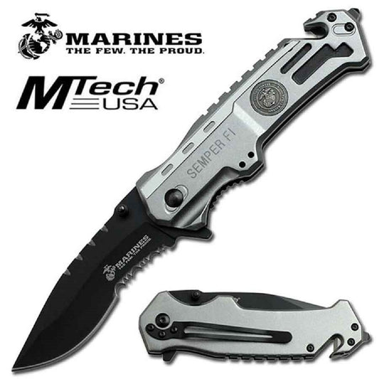 SALE! US MARINE CORPS USMC ELITE "SEMPER FI" TACTICAL RESCUE FOLDING KNIFE - SILVER w/ DROP POINT BLADE
