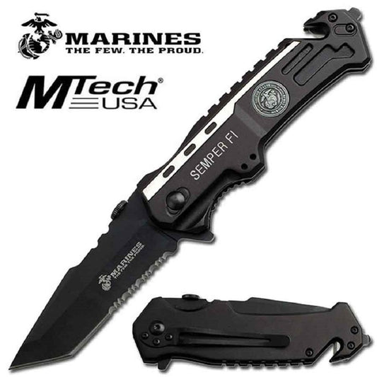 1 X USMC Elite Tactical "Semper Fi" Rescue Folder Knife - Black Tanto Blade