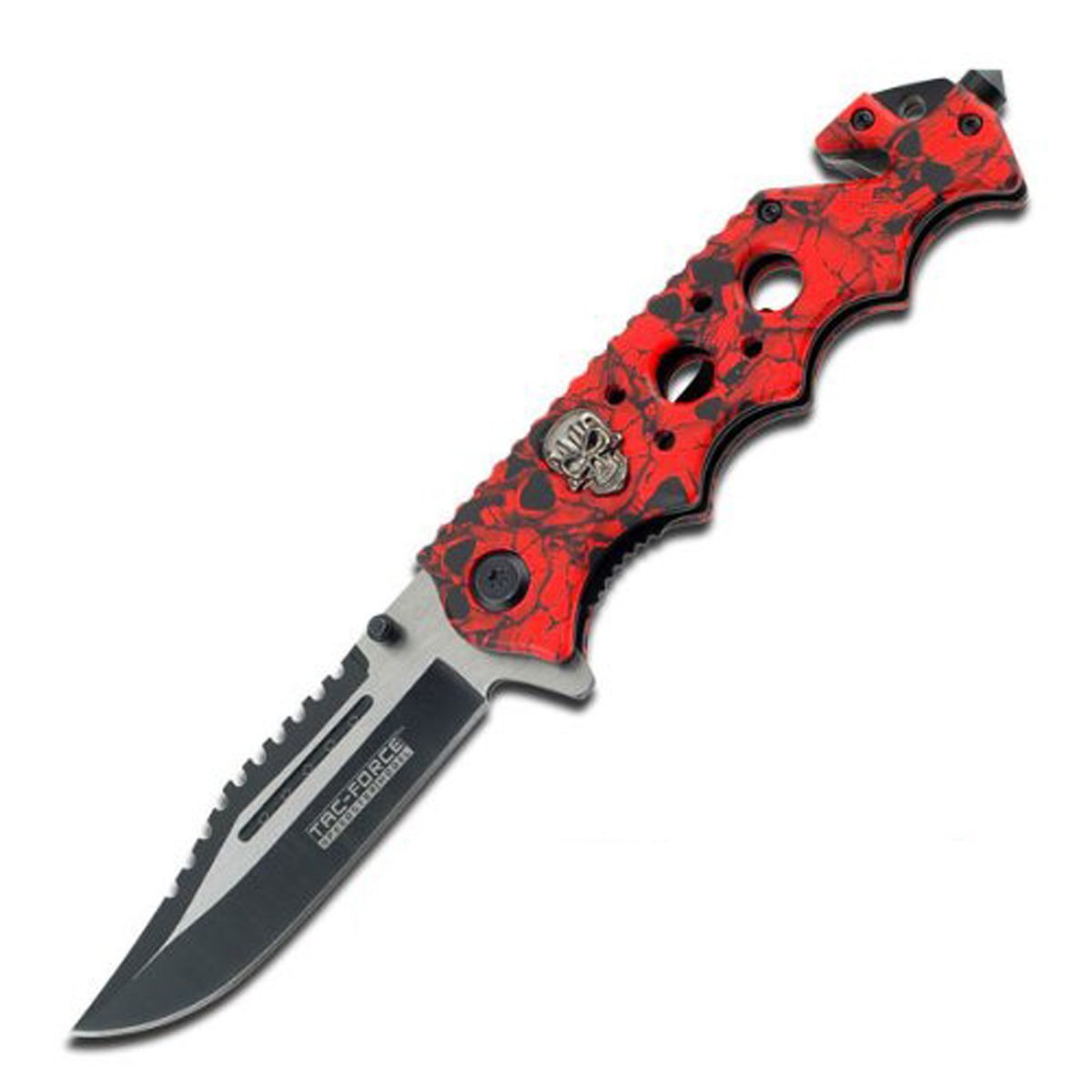 Tac Force Assisted Opening Rescue Glass Breaker Bright Red Skull Design Hunting Camping Tatical Pocket Knife