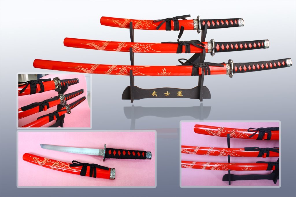 3 Piece Samurai Red Dragon Sword Set with Stand