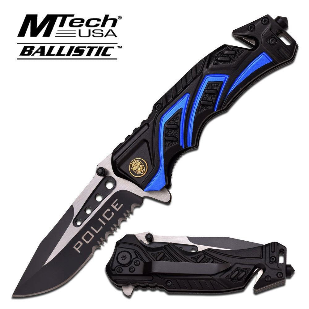 8" Police Blue/Black MTECH SPRING ASSISTED FOLDING KNIFE Blade pocket open switch- Firefighter Rescue Pocket Knife - hunting knives, military surplus - survival and camping gear