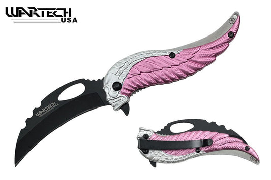 Ace Martial 8" Winged Skull Assisted Pocket Knife (White/Pink)