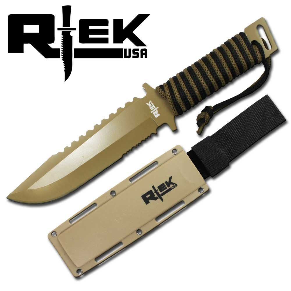 12" Rtek Tactical Combat Paracord Camo Brown Army Hunting Fixed Blade Knife Black USA R tek Hard Plastic Sheath Full Tang Handle