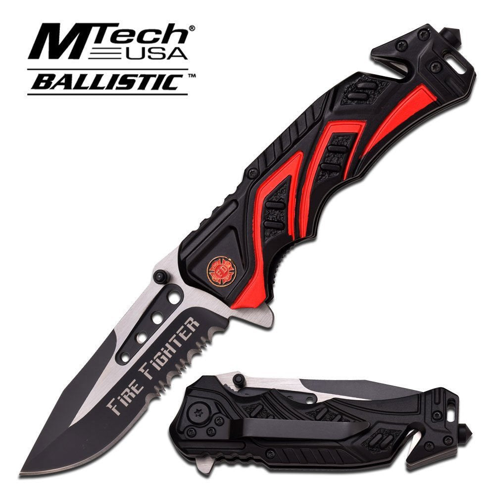 8" Fire Fighter Red MTECH SPRING ASSISTED FOLDING KNIFE Blade pocket open switch- Firefighter Rescue Pocket Knife - hunting knives, military surplus - survival and camping gear