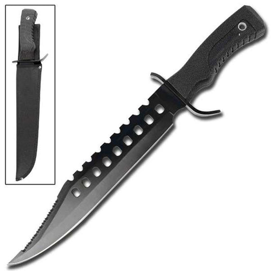 17" Hunting Knife All Black W/ Rubber Handle And Sheath (Black)