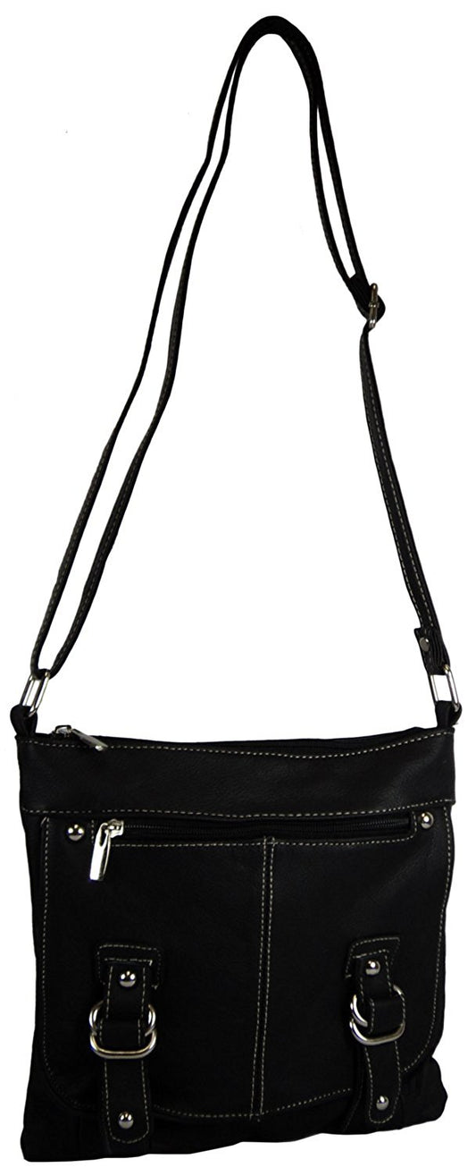 Genuine Leather Crossbody Messenger Purse (Black)