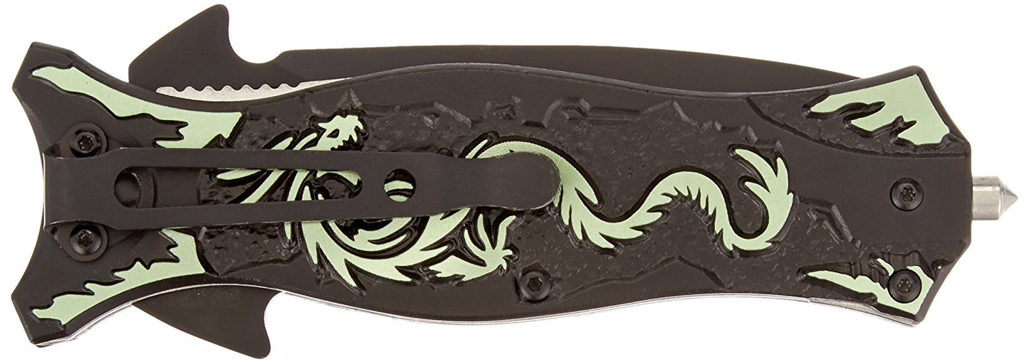 TAC Force TF-707 Series Assisted Opening Folding Knife, Black Half-Serrated Blade, Dragon Handle, 4-1/2-Inch Closed