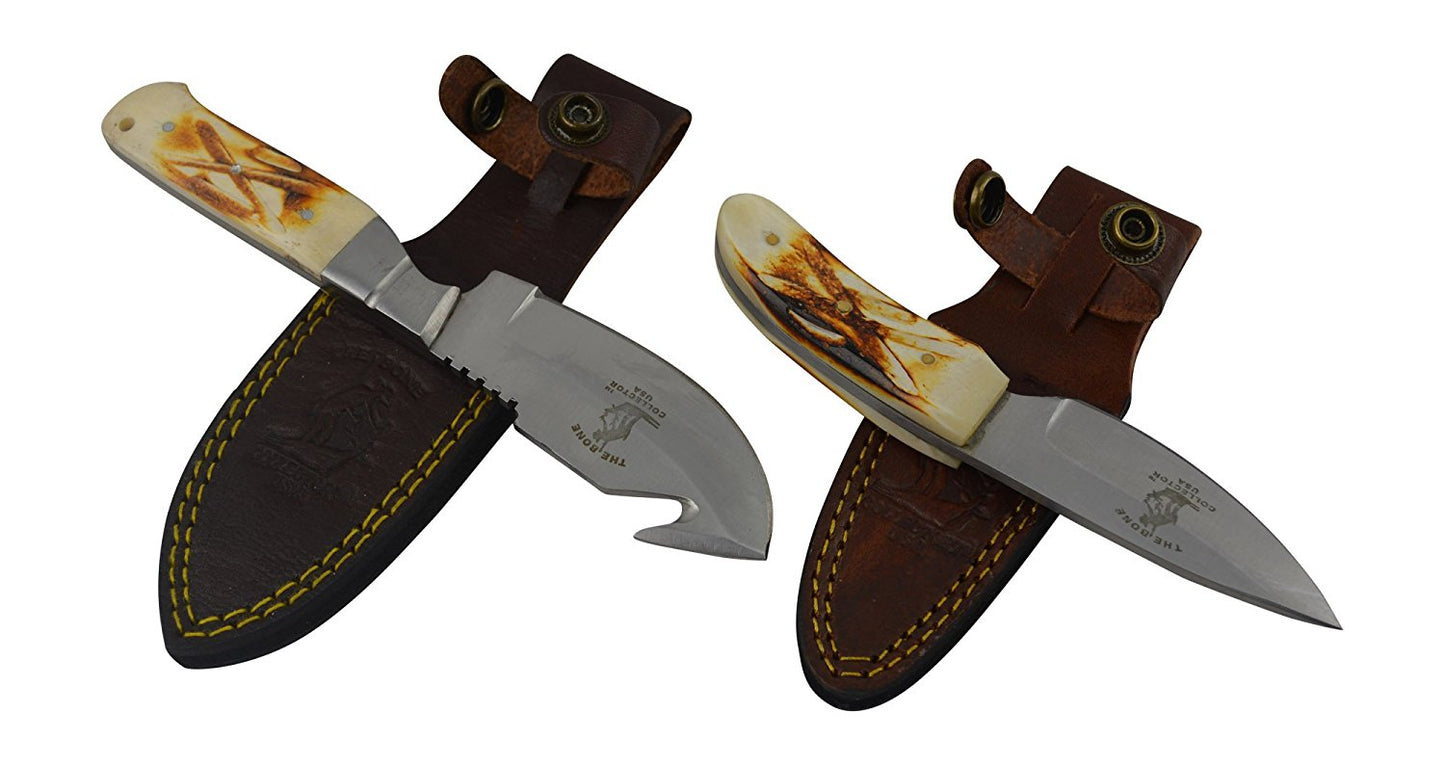 The Bone Collector Real Bone Handle Survival Fixed Blade Hunting Skinning Knife Gift Set of 2 Knives BC808 & BC804