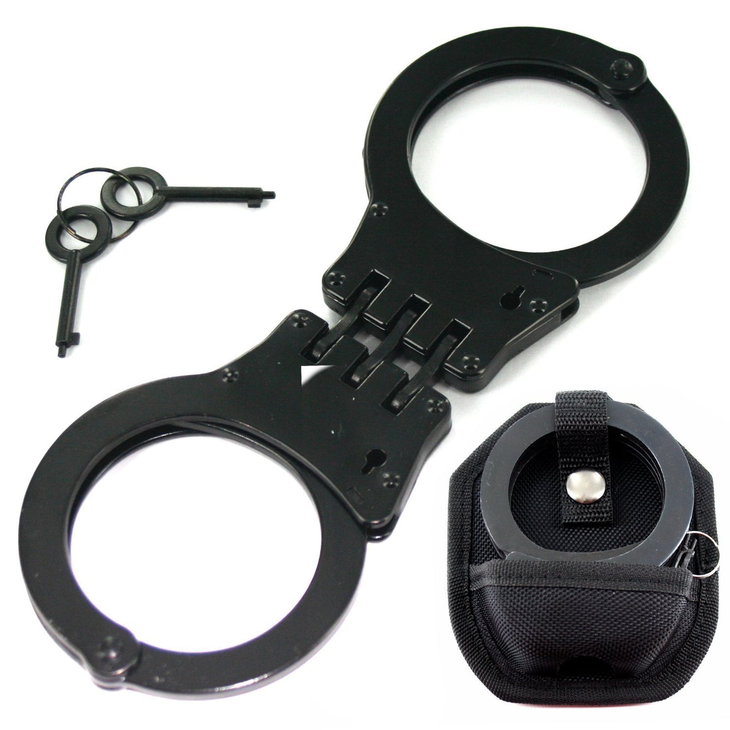 Professional Heavy Duty Black Hinged Police Style Handcuffs Double Lock with Duty Handcuff Nylon Case Holster