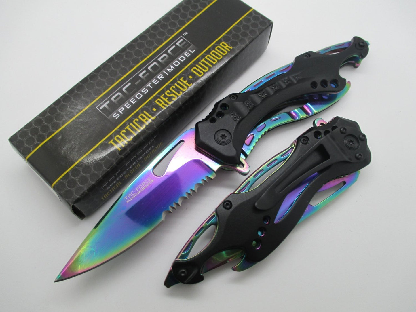 Tac-force High Carbon Assisted Opening Black with Rainbow Blade Bottle Opener Glass Breaker Hunting Camping Outdoor Tactical Knife!!