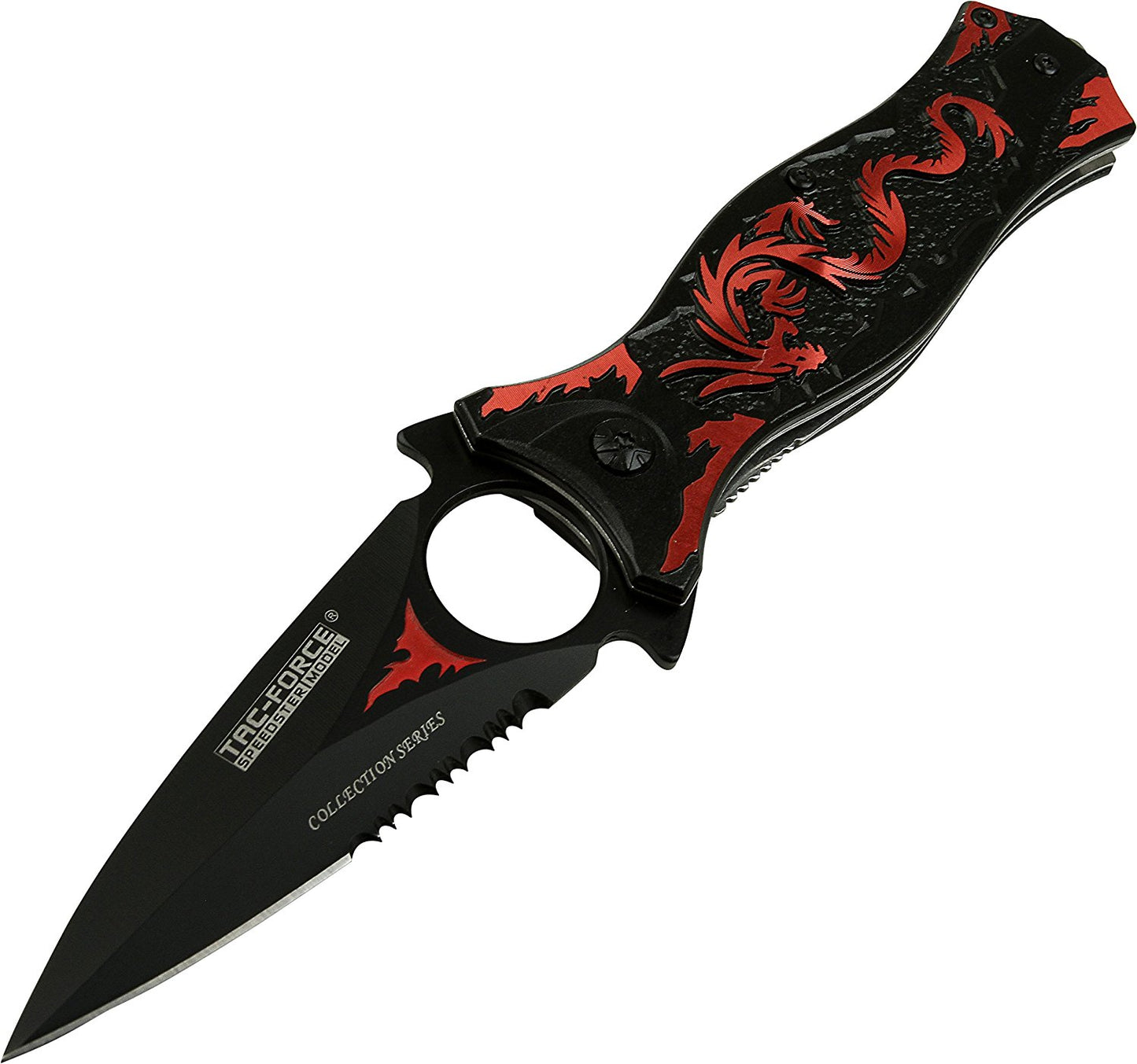 TAC Force TF-707 Series Assisted Opening Folding Knife, Black Half-Serrated Blade, Dragon Handle, 4-1/2-Inch Closed