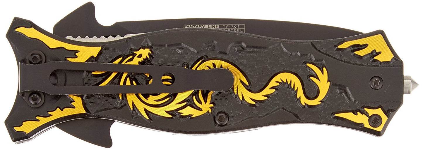 TAC Force TF-707 Series Assisted Opening Folding Knife, Black Half-Serrated Blade, Dragon Handle, 4-1/2-Inch Closed