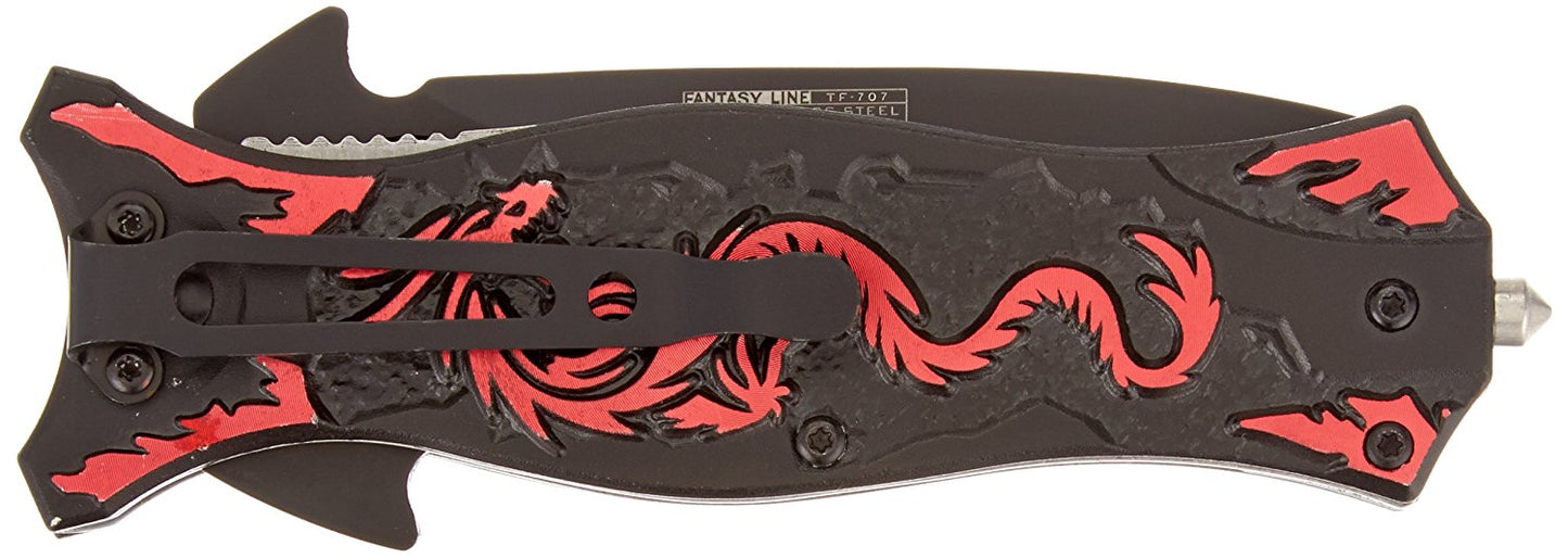 TAC Force TF-707 Series Assisted Opening Folding Knife, Black Half-Serrated Blade, Dragon Handle, 4-1/2-Inch Closed