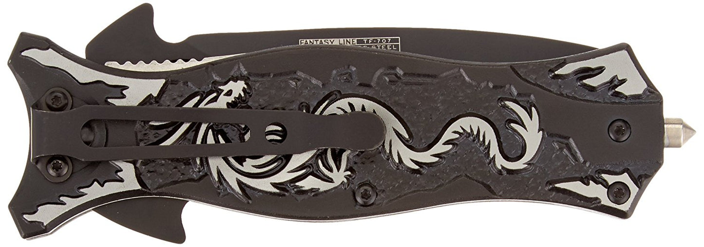 TAC Force TF-707 Series Assisted Opening Folding Knife, Black Half-Serrated Blade, Dragon Handle, 4-1/2-Inch Closed