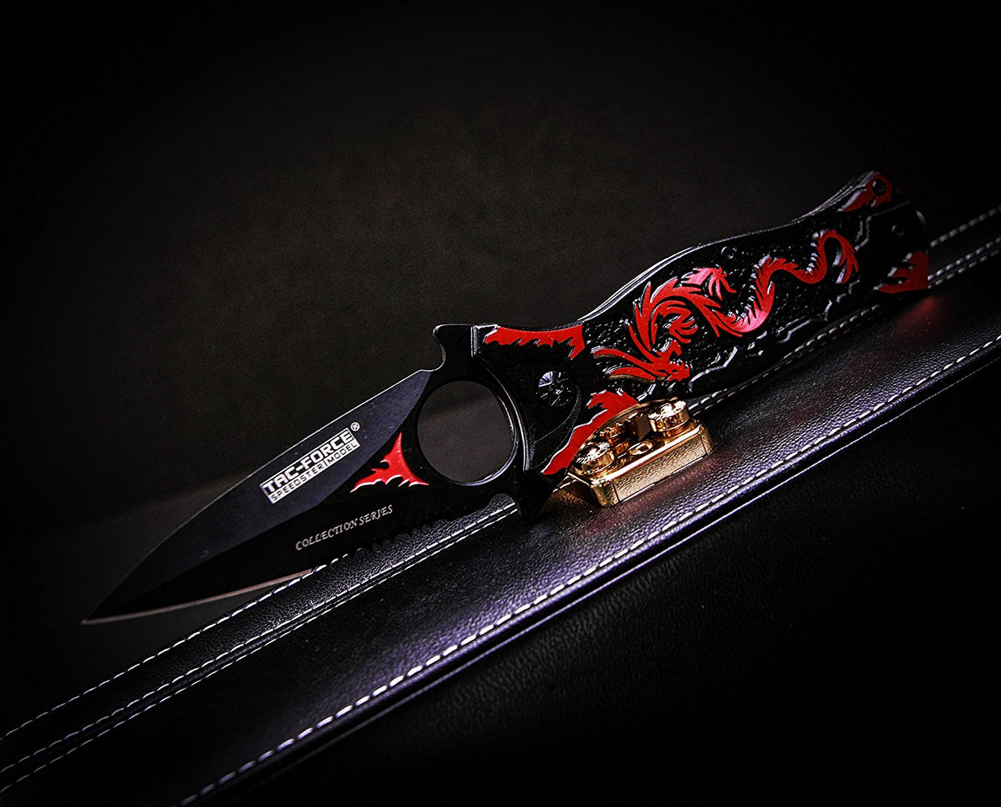 TAC Force TF-707 Series Assisted Opening Folding Knife, Black Half-Serrated Blade, Dragon Handle, 4-1/2-Inch Closed
