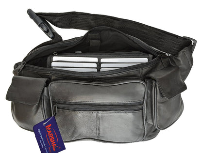 New Large Genuine Leather Waist Bag Fanny Pack with Two Cell Phone Pockets and Six Exterior Pockets