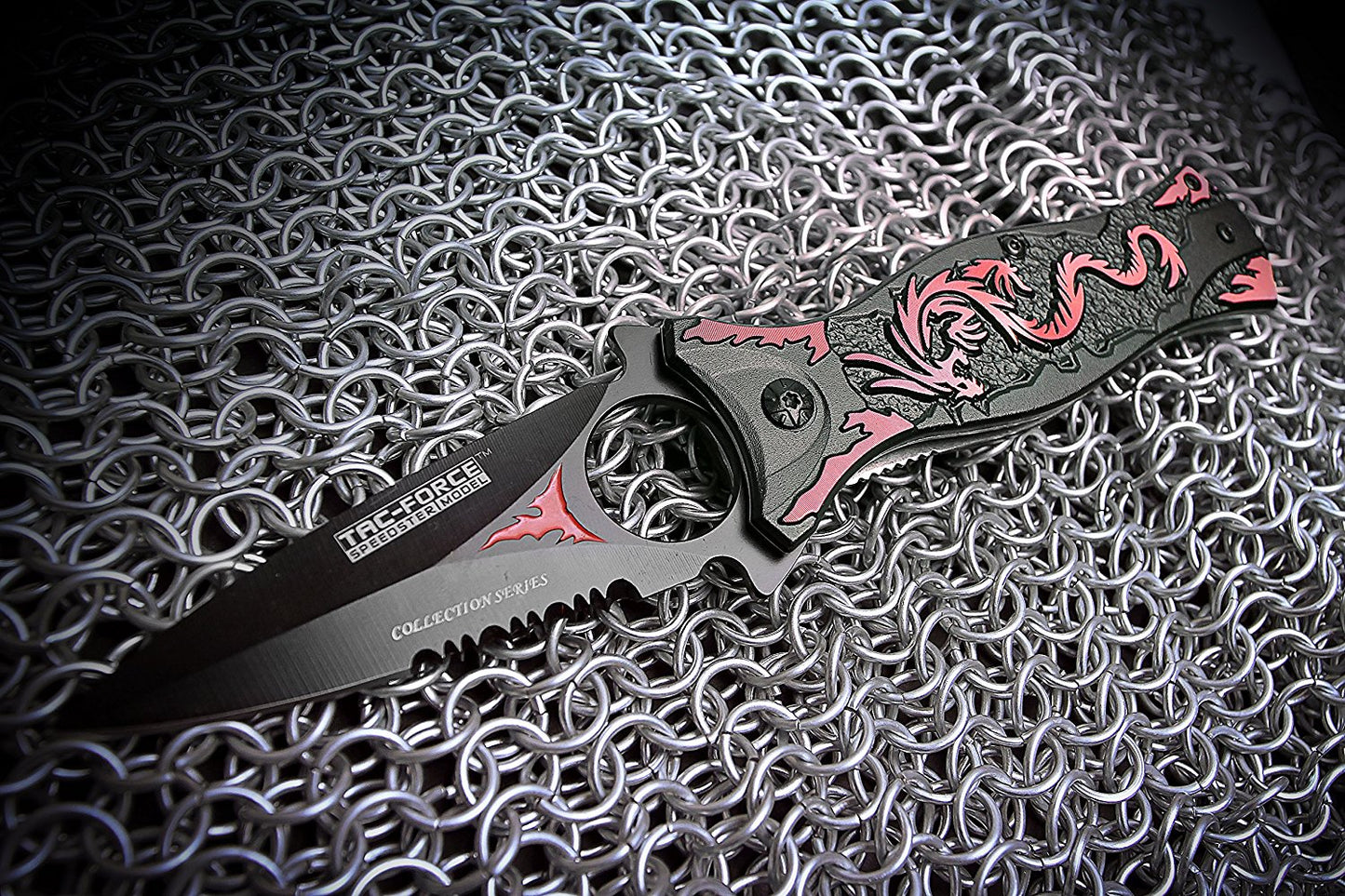 TAC Force TF-707 Series Assisted Opening Folding Knife, Black Half-Serrated Blade, Dragon Handle, 4-1/2-Inch Closed