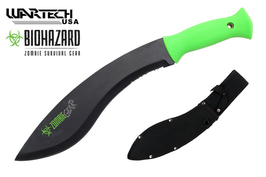 15.5" Apocalypse Kukri Hunting Knife With Neon Green Handle, Black Mirror Finish, And Sheath.