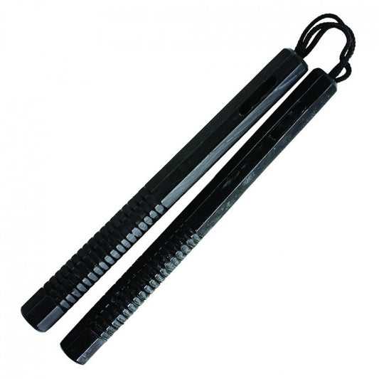 12" Black Wooden Octagon Nunchaku with Carved Handle, Nylon Cord